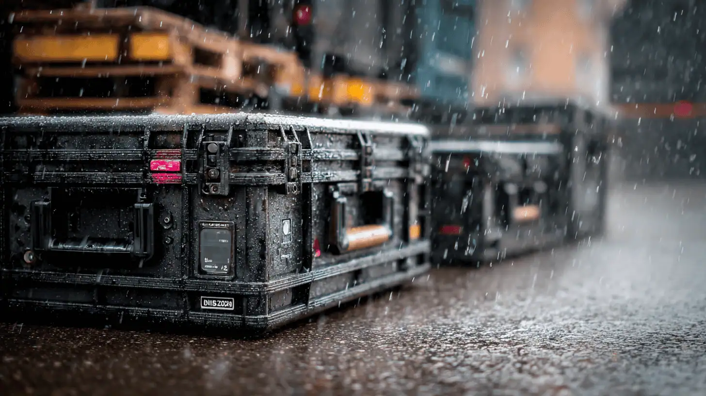 A rugged black storage case sits on wet pavement in the rain, water droplets pooling around it—a reminder of why choosing insurance, like film production insurance, is crucial for protecting valuable gear on set. Other cases and wooden pallets blur in the background.