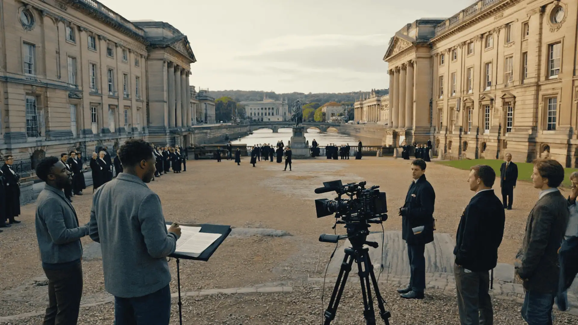 A film crew is shooting a scene outside between two grand neoclassical buildings, with a camera and crew in the foreground and actors and extras gathered near a river—an exciting glimpse of what's currently being filmed in London.