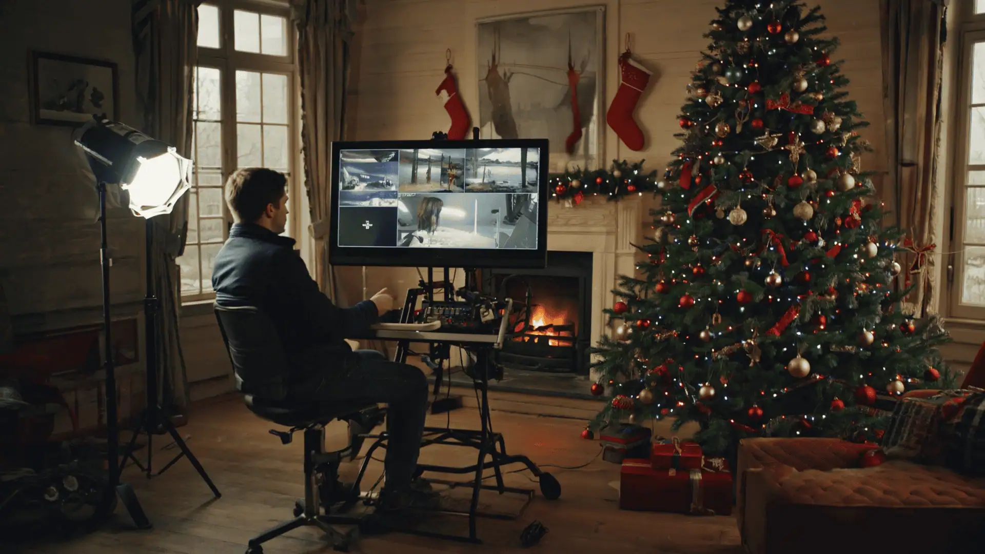 A man sits at a desk with computer monitors showing surveillance footage, next to a decorated Christmas tree and fireplace with stockings, in a cozy living room resembling classic Christmas movie filming locations, with wrapped gifts nearby.