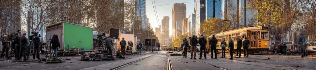 A film crew sets up equipment and cameras on a city street with tram tracks, filming in Melbourne. Trees, tall modern buildings, and a yellow tram are visible in the background under a clear sky.