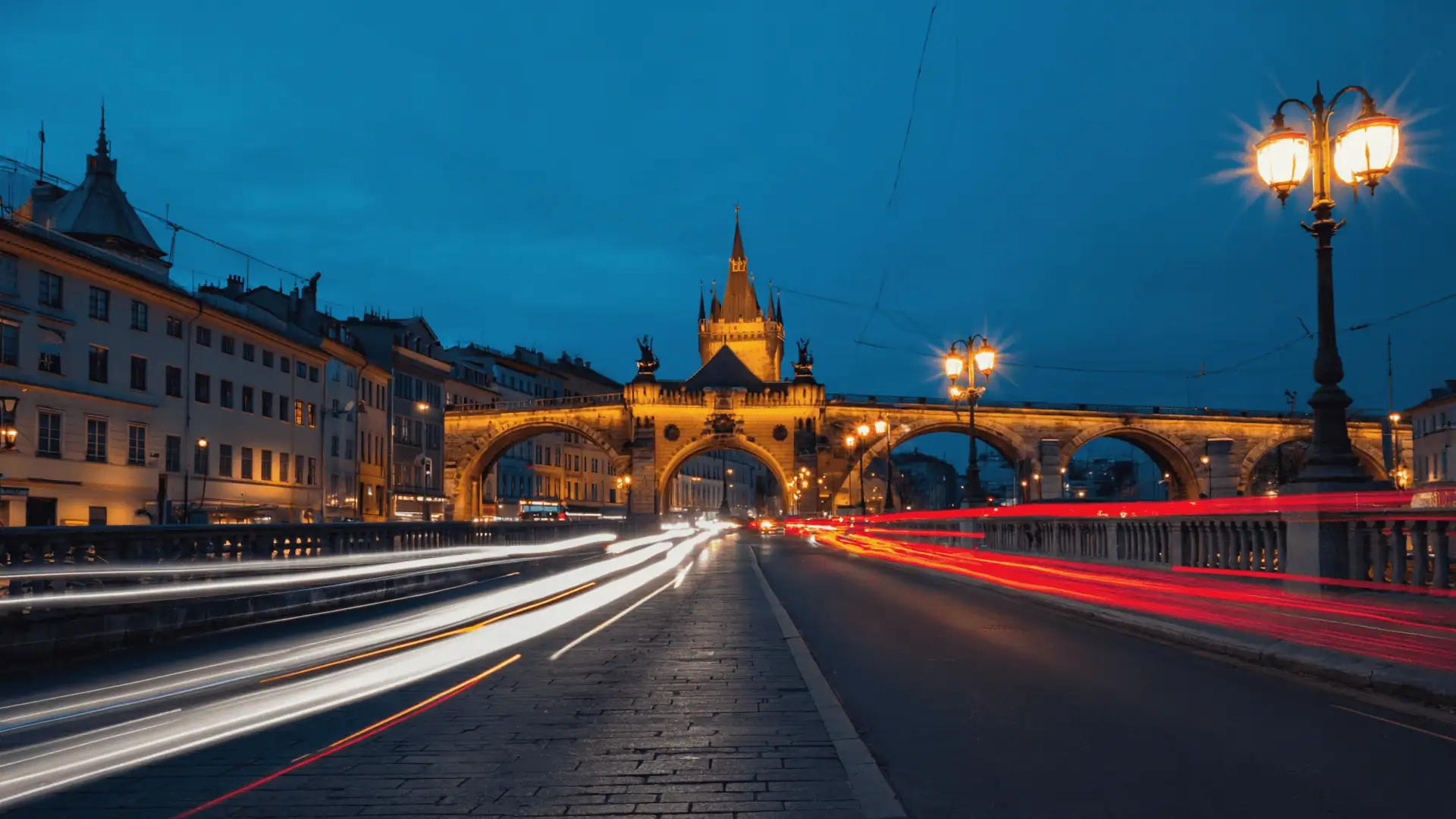 A city street at dusk shows light trails from moving cars leading toward a historic, illuminated bridge—perfect for video marketing—while street lamps line the road and buildings flank both sides.