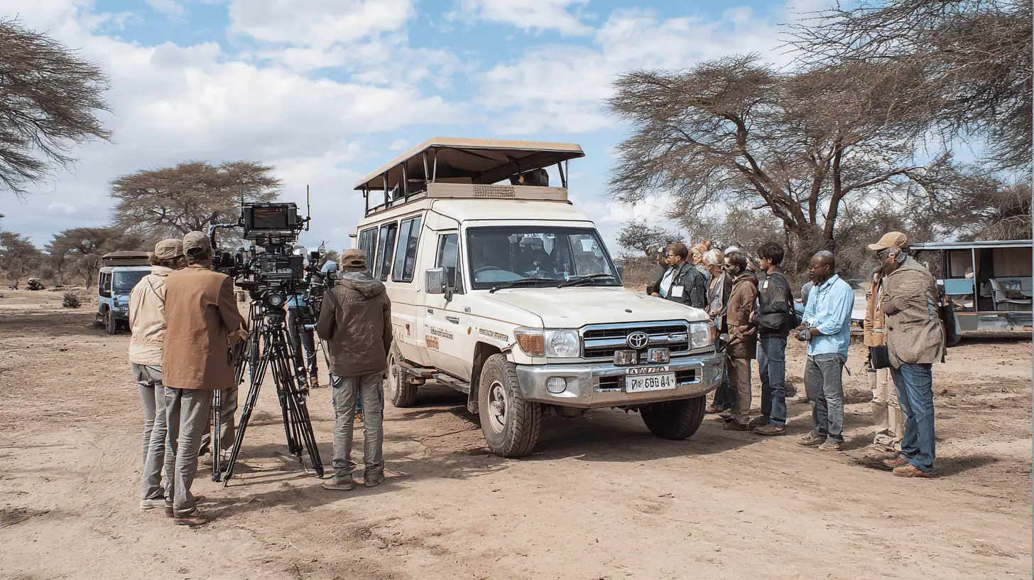 A film crew stands with cameras around a white safari vehicle in a dry, open landscape with trees. Careful planning is evident as several people gather near the vehicle, with another visible in the background.