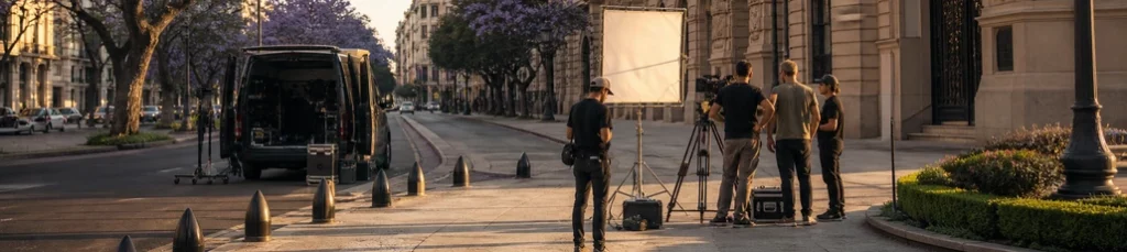A film crew on location on a Buenos Aires boulevard