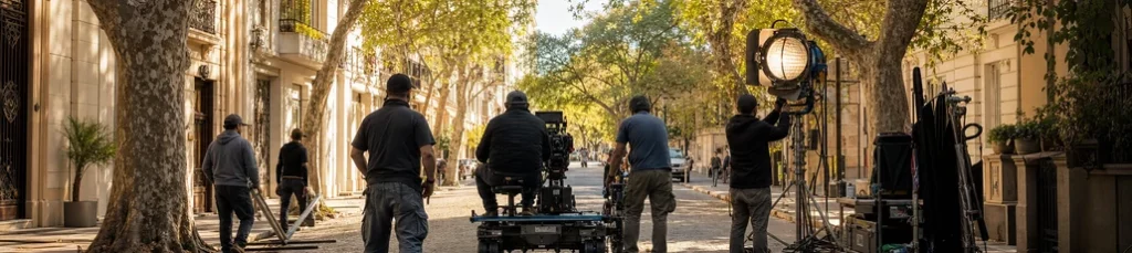 A film crew setting up a dolly shot in Buenos Aires.