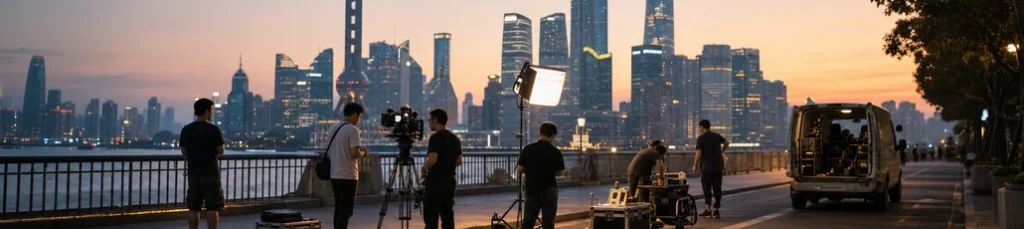 A film crew shooting the Shanghai skyline from the Bund at dusk