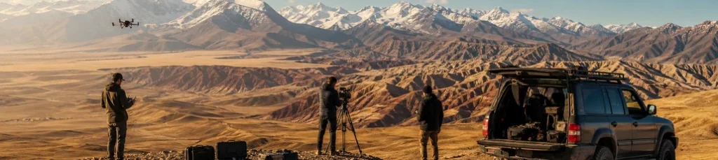 A film crew with a drone shooting a mountain landscape in western China