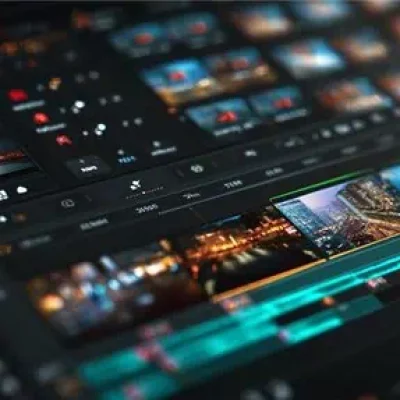 A computer screen displays a video editor interface with multiple video and audio tracks, thumbnails, timelines, and various editing tools visible.