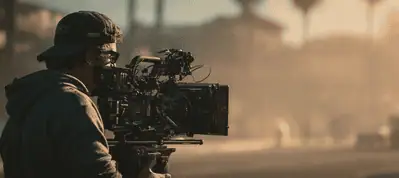 A person wearing a cap operates a professional video camera outdoors, filming in Portugal, with a blurred background of palm trees and sunlight creating a hazy atmosphere.