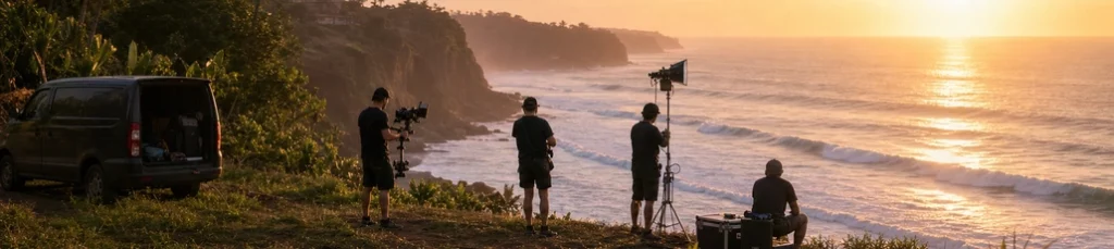 A film crew shooting on a Bali clifftop at sunset