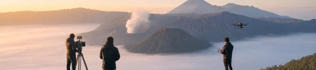 A film crew with a drone shooting a volcanic landscape in Indonesia