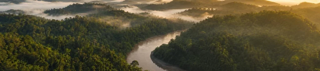 Mist over primary rainforest canopy in Indonesia at dawn.