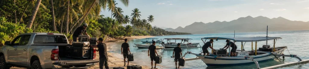 A film crew loading equipment onto outrigger boats in Indonesia.
