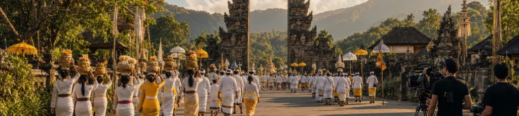 A film crew filming a village ceremony in Bali.