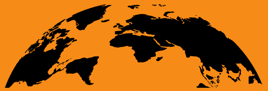 A stylized illustration of the Earth showing parts of Europe, Africa, Asia, and surrounding regions in black silhouette against an orange background.