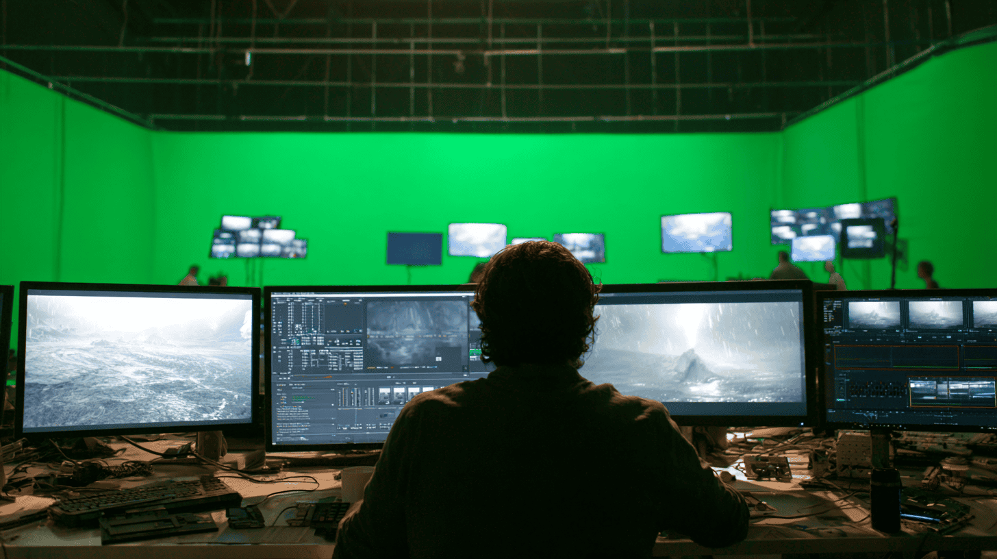 A person sits at a desk with multiple monitors displaying post production video editing software, facing a large green screen backdrop and several video screens in a film production studio.