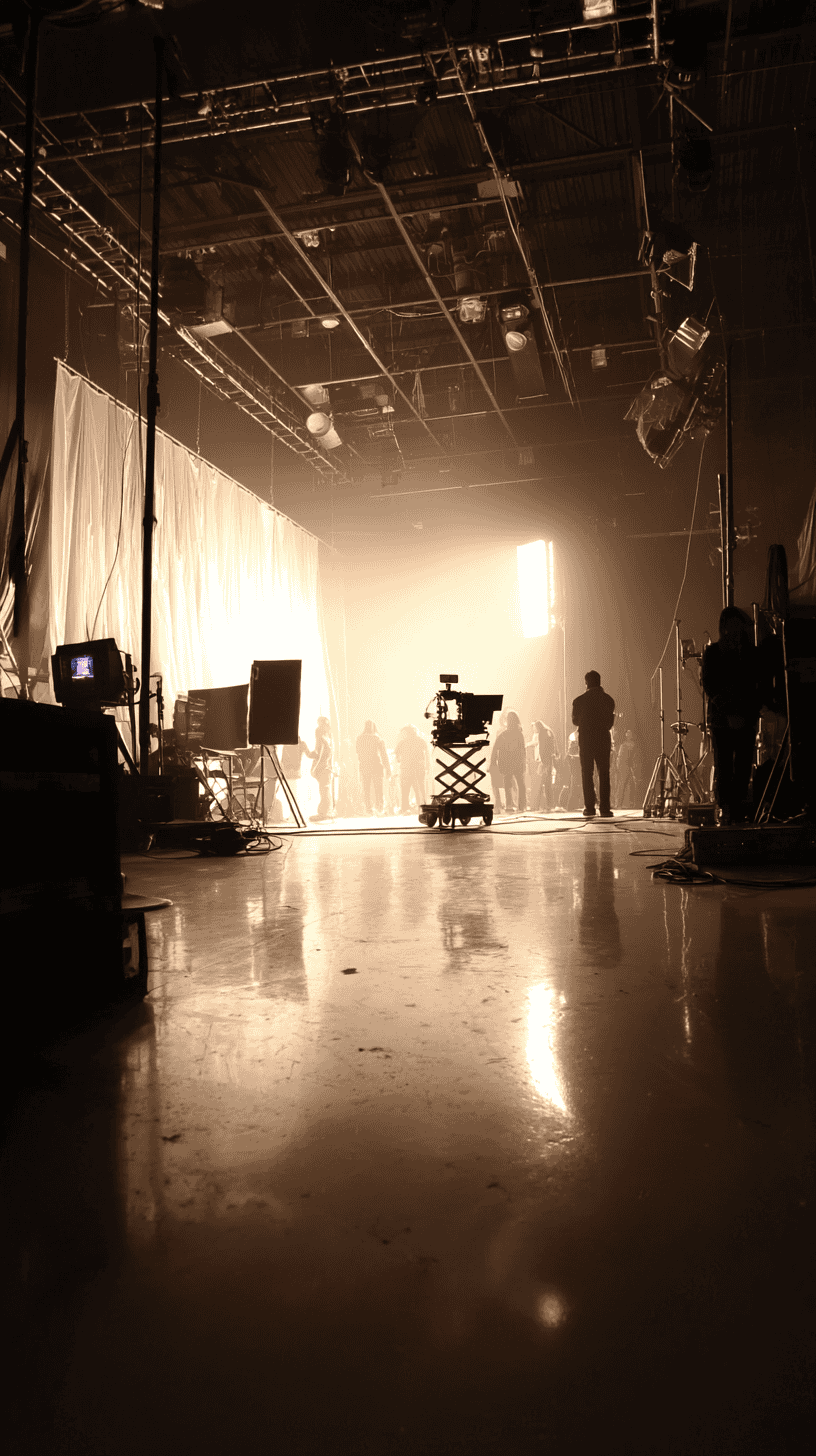 Silhouetted crew members, cameras, and equipment are visible on the shiny floor of a film set, illuminated by bright backlighting and surrounded by large drapes and lighting rigs—capturing moments destined for post production magic.