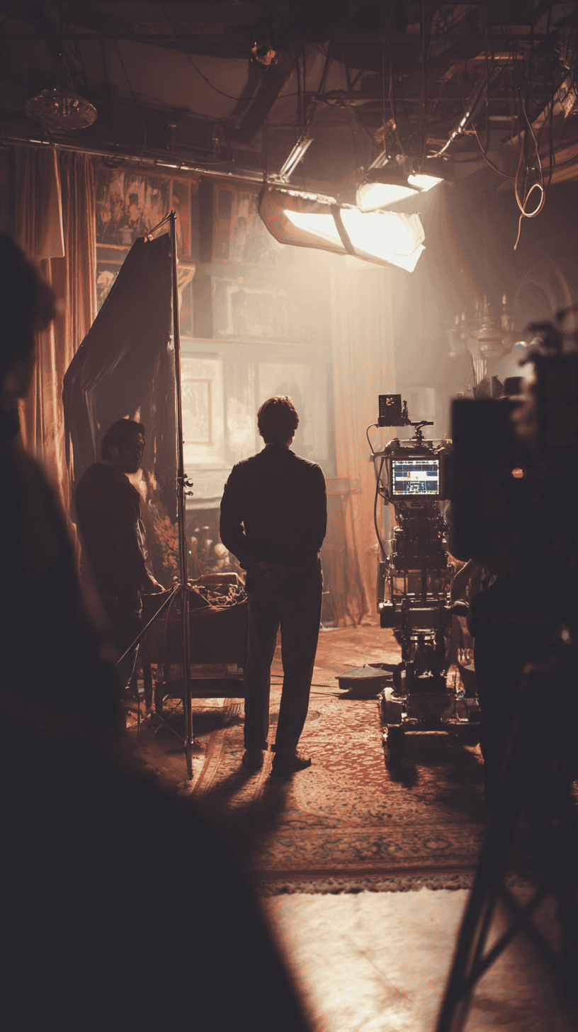 A person stands on a dimly lit film set surrounded by cameras, crew, and equipment, ready for post production as warm studio lights cast dramatic shadows across the scene.