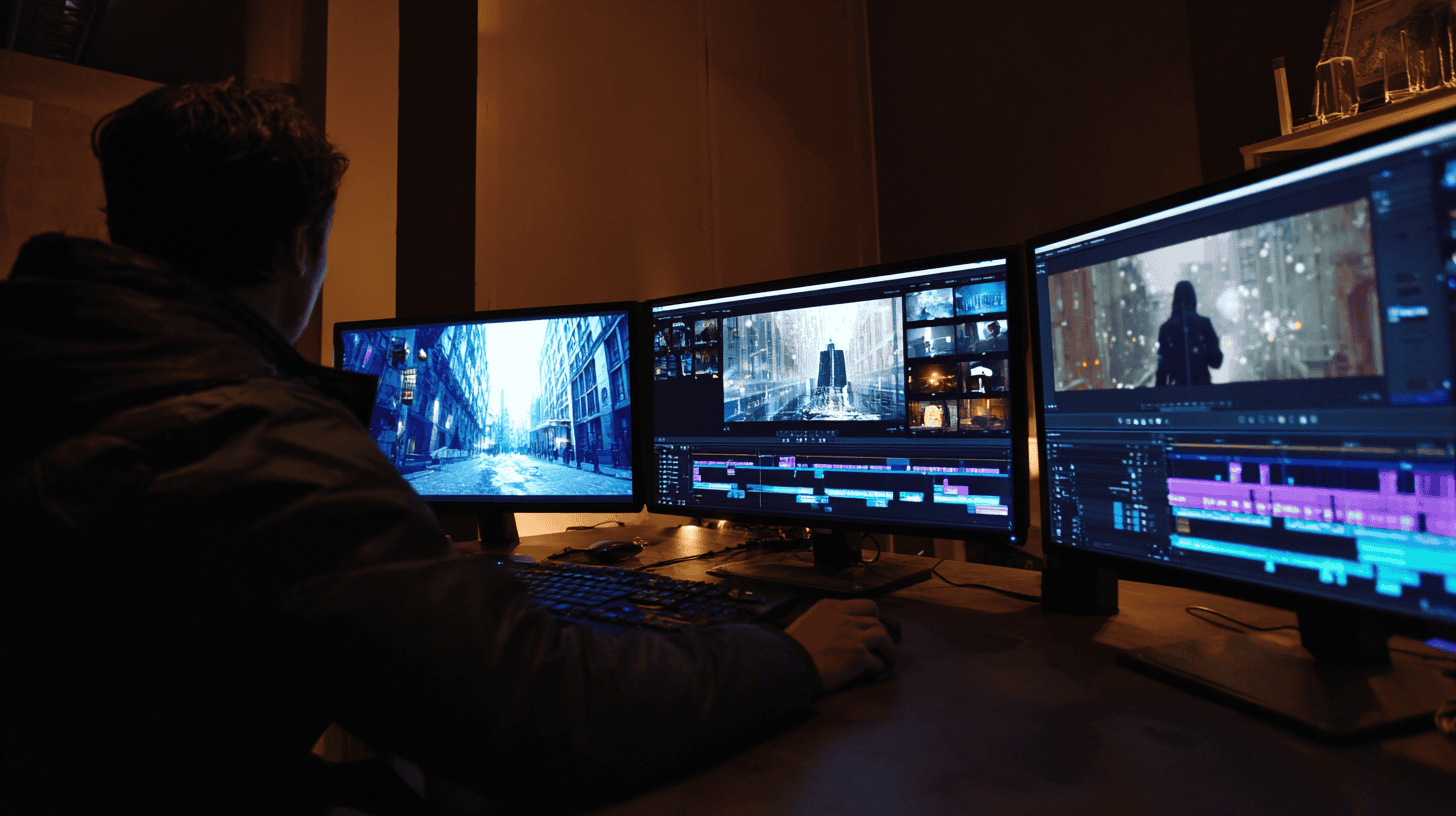A person sits at a desk in a dimly lit room, focused on post production as they edit video across three computer monitors displaying film scenes and a video editing timeline.