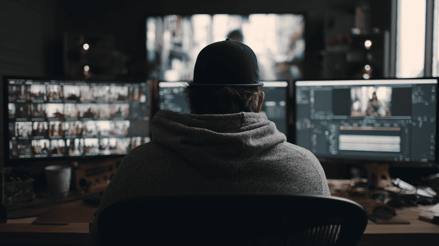 A person wearing a cap and hoodie sits at a desk with multiple computer monitors, immersed in post production as they edit video footage in a dimly lit room. The screens display timelines and numerous video clips.