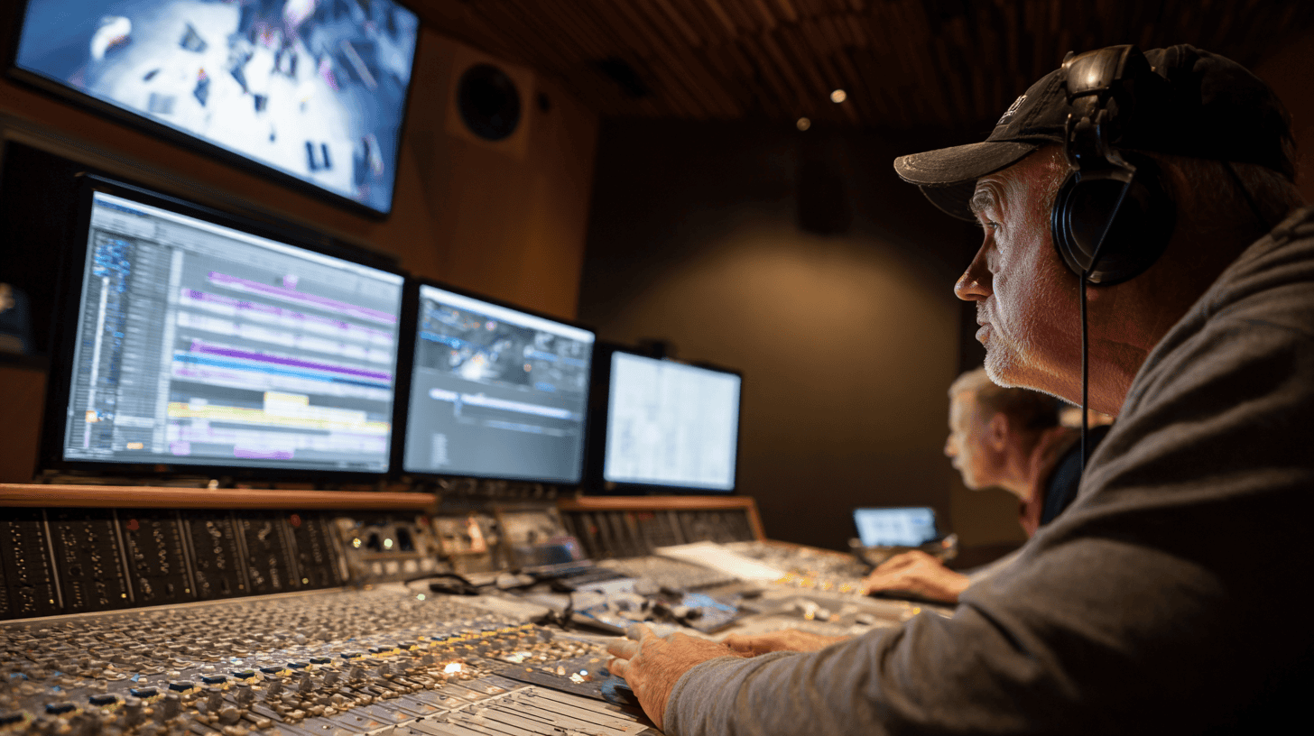 Two people work at a large audio mixing console in a dimly lit studio, wearing headphones and focusing on multiple screens displaying post production audio editing software and a video feed.