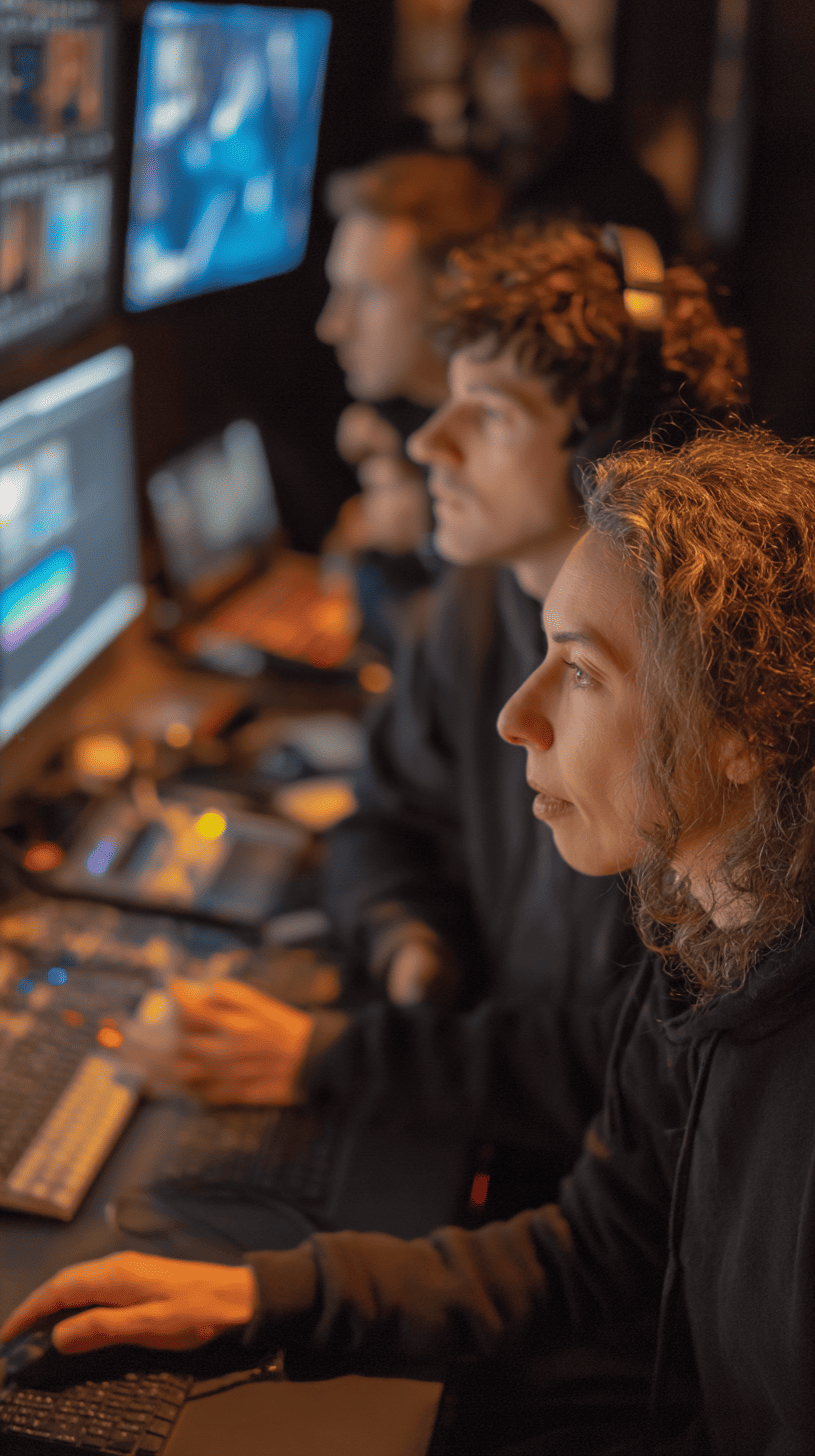 Three people in dark clothing work intently at computer monitors in a dimly lit room, focusing on post production tasks across multiple screens displaying data and graphics.
