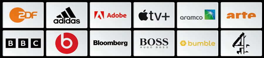 A grid of twelve company logos, including ZDF, Adidas, Adobe, Apple TV+, Aramco, Arte, BBC, Beats, Bloomberg, Hugo Boss, Bumble, and Channel 4, each on a white background.