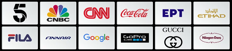 A grid of 12 logos including CNBC, CNN, Coca-Cola, Etihad, FILA, Finnair, Google, GoPro, GUCCI, Häagen-Dazs, Channel 5, and EPT, each displayed in a white square with a black border.