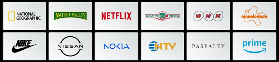 A grid of twelve well-known brand logos, including National Geographic, Nature Valley, Netflix, New York Pizza, NHK, Nickelodeon, Nike, Nissan, Nokia, NTV, Paspaley, and Prime.