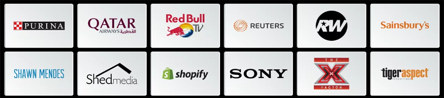 Twelve logos in a grid, including Purina, Qatar Airways, Red Bull TV, Reuters, Sainsburys, Shawn Mendes, Shed Media, Shopify, Sony, The X Factor, Tiger Aspect, and one with RW initials.
