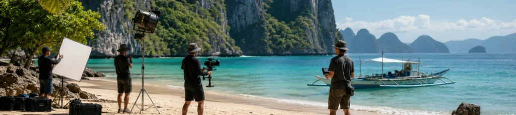 A film crew shooting on a beach in Palawan, Philippines