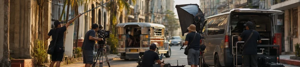 A film crew filming a street scene with a jeepney in Manila, Philippines