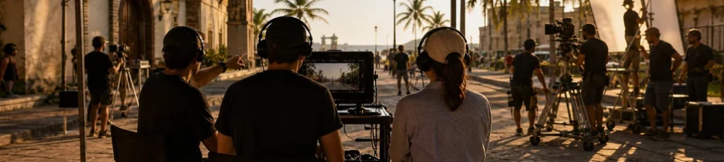 A director and crew at the monitor on location in Manila.