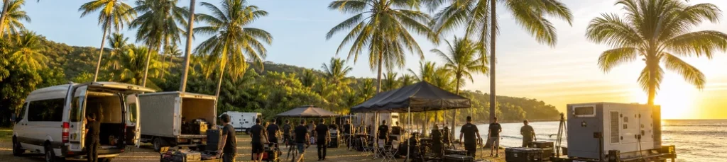 A film production base camp on location in the Philippines.