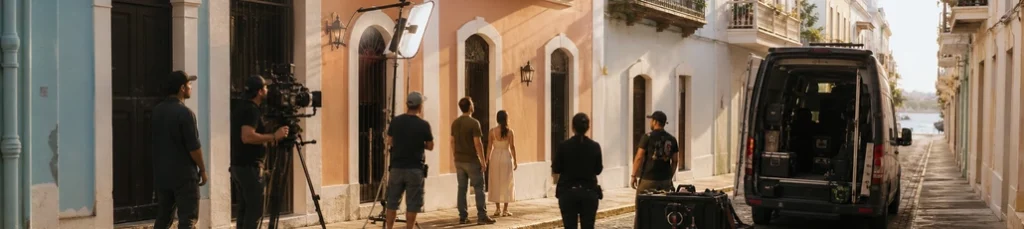 A film crew on location on a street in Old San Juan, Puerto Rico