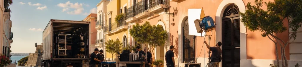 A film production unit working on a street in Old San Juan.