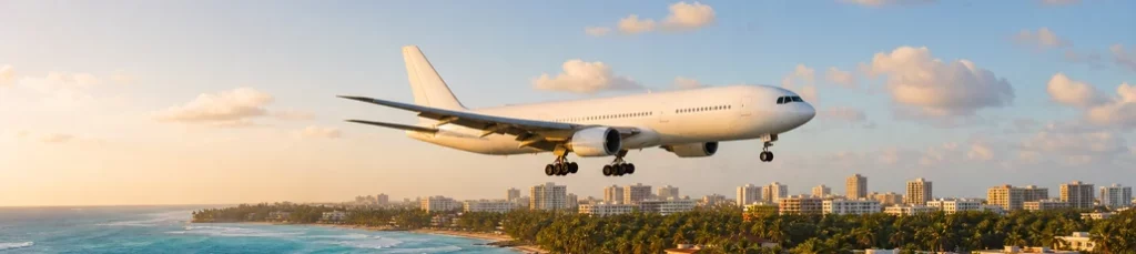 An aircraft on approach over the Puerto Rico coastline.