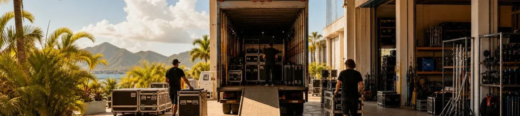 Camera equipment being loaded at a rental house in Puerto Rico.