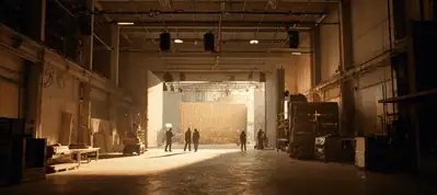 A film crew works inside a spacious, dimly lit warehouse studio with high ceilings and scattered equipment, filming in Barcelona as bright light shines through an open doorway at the far end.