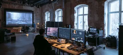 A person sits at a desk with multiple monitors in a spacious studio with large windows and exposed brick walls, editing footage from filming in Prague. A large projection screen displays an image on the far wall.
