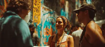 Three people stand and talk in front of a colorful graffiti wall at an outdoor gathering while filming in Rio de Janeiro. One woman has braided hair and a necklace, the two men wear casual clothes, with vibrant street art and others visible in the background.