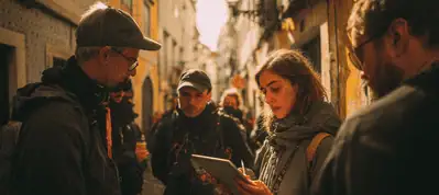 A group of people stand close together on a narrow sunlit street in Lisbon; one woman in the center is focused on writing or drawing on a tablet, while others watch or talk around her, capturing the lively spirit of filming in Lisbon.