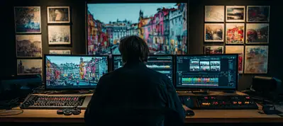 A person sits at a workstation with multiple monitors, editing colorful cityscape images and videos from filming in Lisbon. The dimly lit workspace features framed pictures on the wall and a large city photo displayed on the main screen.