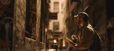 A person wearing a hat and backpack sketches on a notepad while standing in a narrow, graffiti-covered alleyway with sunlight streaming in—capturing the creative vibe of filming in Melbourne.