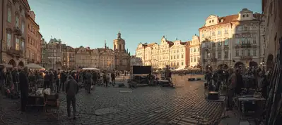 A bustling European town square with cobblestone streets, historic buildings, and many people gathered around market stalls under a clear blue sky—perfect for filming in Prague.