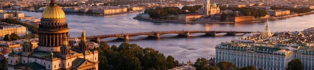A panoramic view perfect for filming in St. Petersburg: at sunset, the golden dome of St. Isaac’s Cathedral glows above the river and bridge, with historic buildings lining the waterfront.