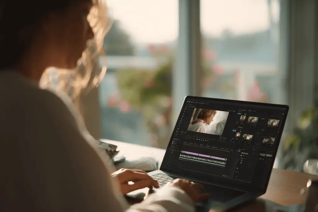 A video editor sits at a desk using a laptop to edit a project, with soft natural light streaming through blurred windows in the background.